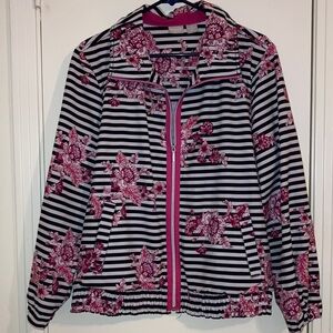Chico's Zenergy Black and White Striped Jacket with Pink Floral